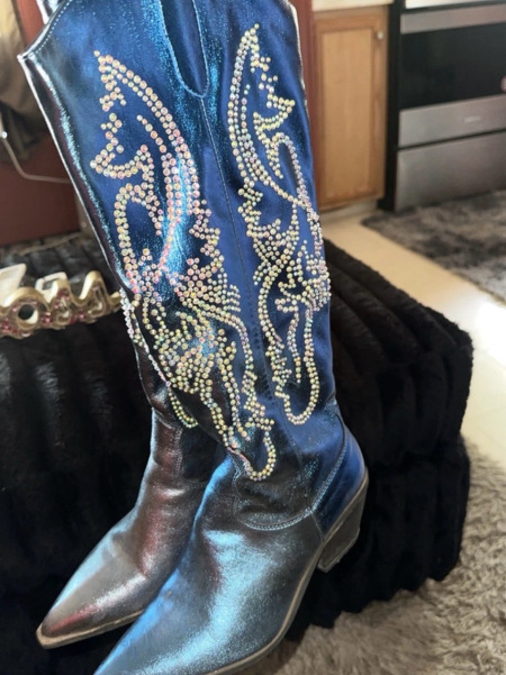 Blue Rhinestone Embellished Women's Western Boots